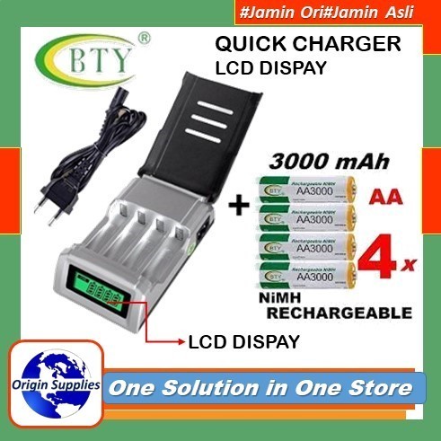 PAKET BATERAI BTY AA 3000 Mah RECHARGEABLE 1,2V + QUICK SMART CHARGER