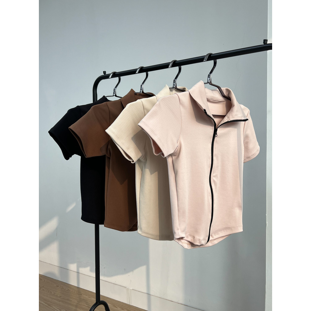 Rene Knit Crop Zip Shirt / Knit Crop Shirt / Zipper Crop Top