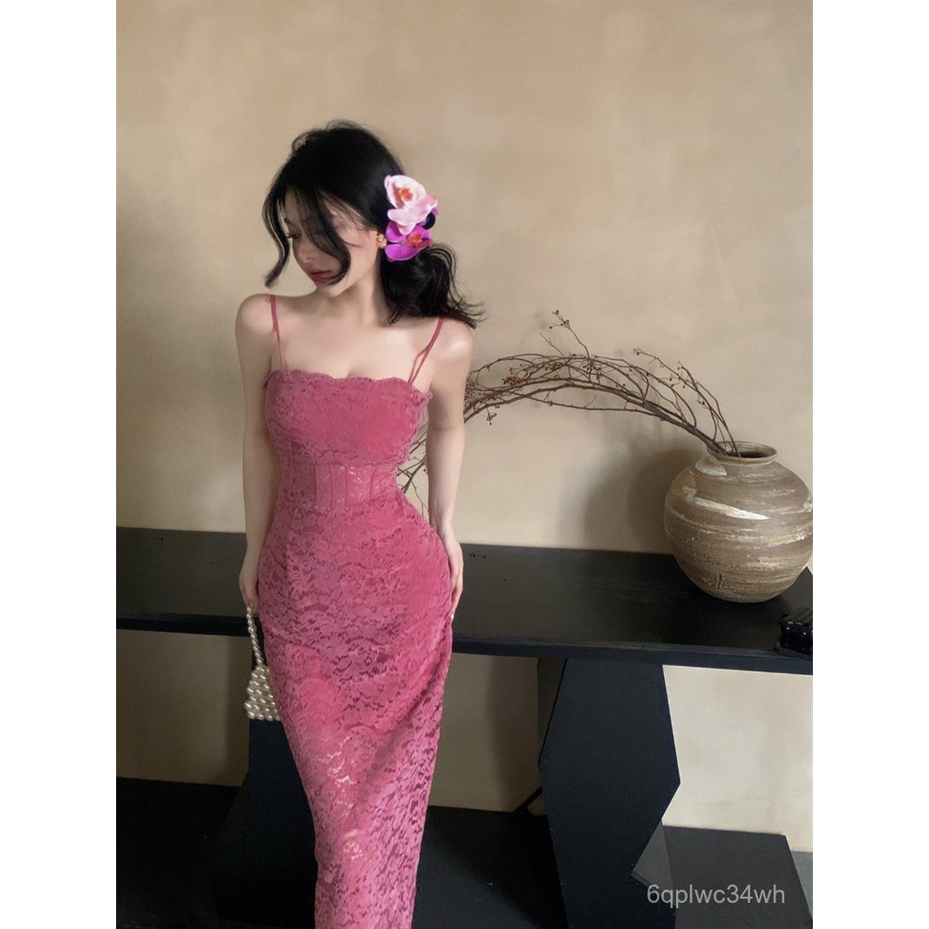 Rose Red Hollow Lace Sling Dress Women's Summer Pure Desire Style Temperament Long Dress Waist Slit 