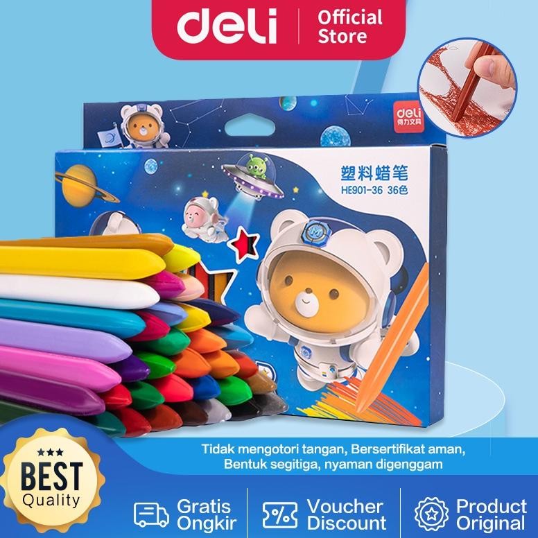 

ORIGINAL Deli Plastic Crayon / Krayon Plastik 12/24/36 Tidak mengotori tangan ergonomis tidak beracun HE901 GB29