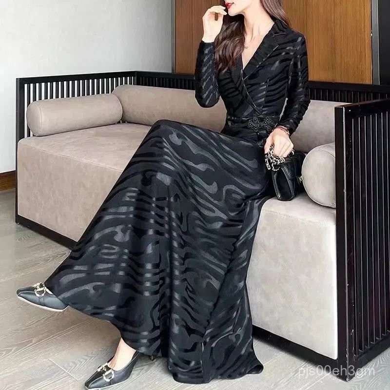 Gaun Panjang Lengan Panjang Slim-Fit Elegan Gaun Panjang Gaun Panjang Wanita Baru Lebih Muda Hitam K