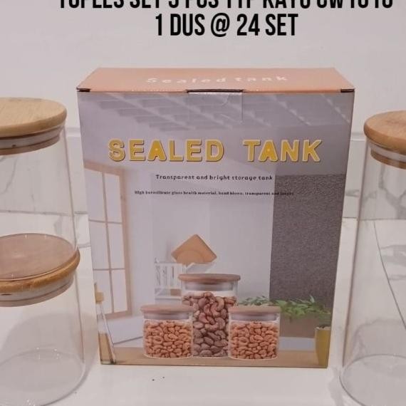 Toples Kaca Set 3Pcs Tutup Kayu Serbaguna