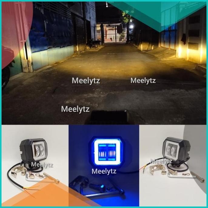 Lampu tembak sorot LED cwl 2 mata lensa 4D kotak LED kuning ring biru