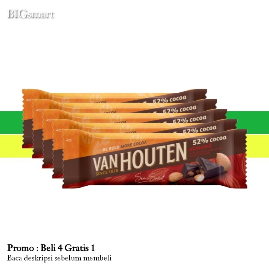 

VAN HOUTEN Beli 4 Gratis 1 Semi Sweet Almonds Chocolate Bar 40 g