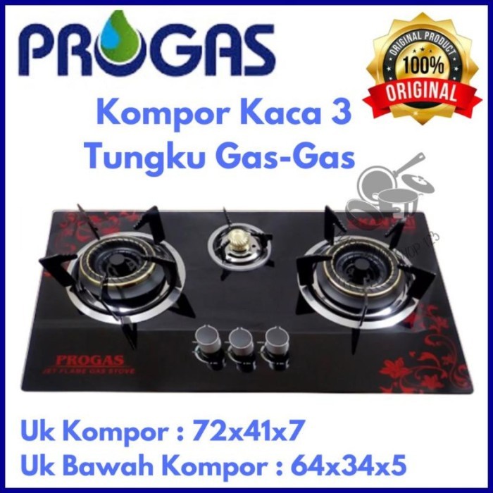 PROMO PROGAS PG-333 Kompor Gas Tanam/Biasa 3 Tungku Body Kaca -mewah -Elegan
