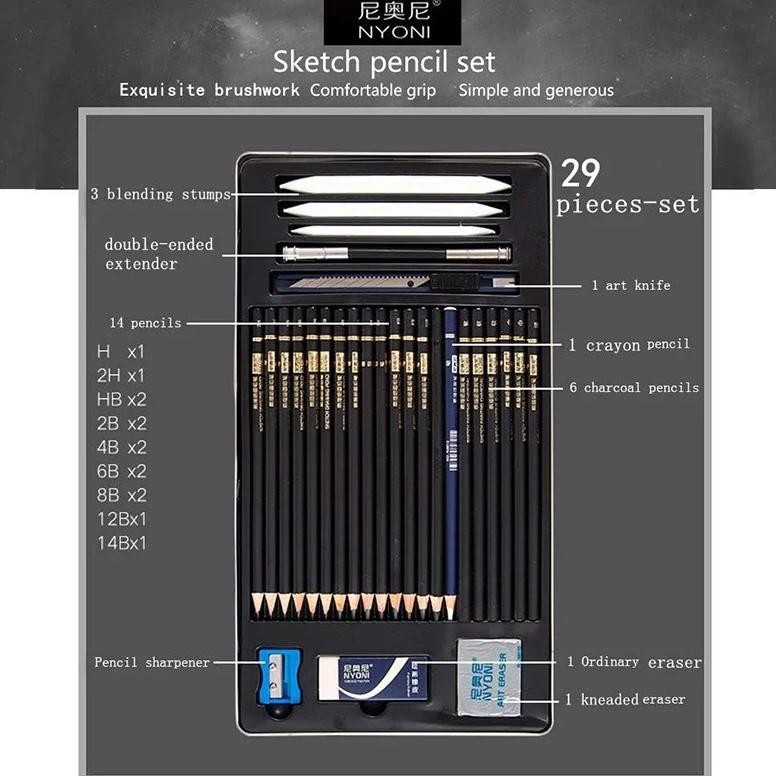

XCT-2328 NYONI Drawing Pencil Gambar Set 29 pcs Metal Tin Box Pensil Gambar Lukis Sketsa Lengkap Paket Murah