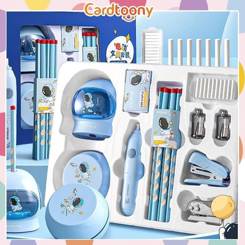 

Bisa COD Paket Set Alat Tulis Elektrik / Electric Stationery Set / Elektrik Rautan Penghapus Vacuum Pensil Lucu Astronot Imut Original