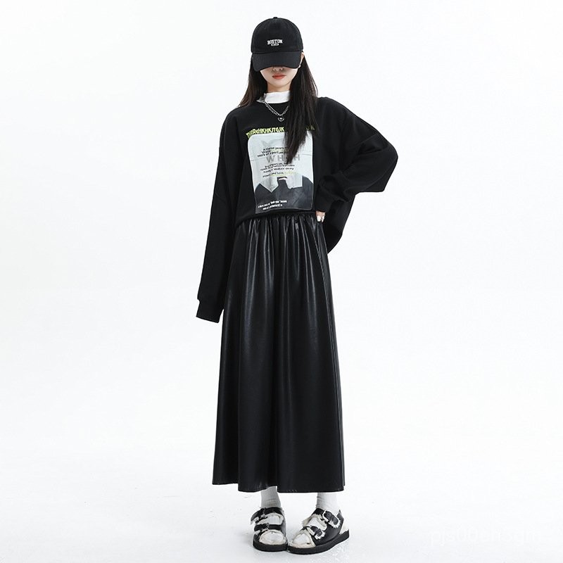 Pakaian Rok Pinggang Tinggi Wanita, Pakaian Pelangsing Setengah Panjang Musim GugurARok Garis Rok Pa