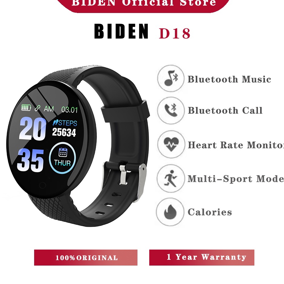 Top Designe3E8q BIDEN SmartWatch D18 Jam Tangan Wanita/Pria Olahraga Jam Tangan Pintar Calories Pedo