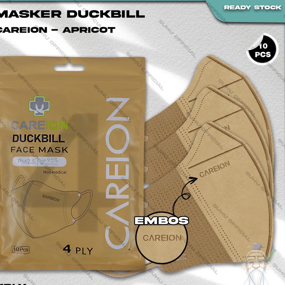 Stok Banyak Masker Duckbil CAREION 4Ply isi 10Pcs Warna Apricot Cream Gold Duckbill Earloop Surgical