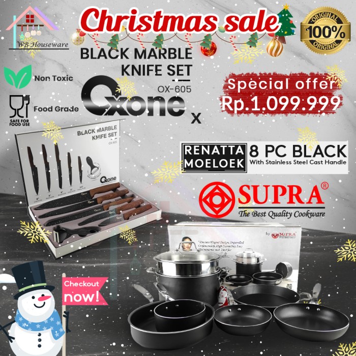Alat Masak Supra Panci Set 8Pcs Black + Pisau Oxone Ox-605 Marble Anti Lengket