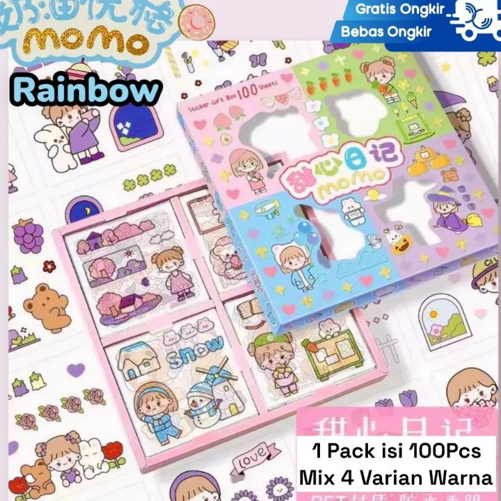 

(♥ Y㊚5D) stiker Momo 100% original rainbow 4 warna stiker tempelan Momo asli isi 100 pcs/ kekiniian..