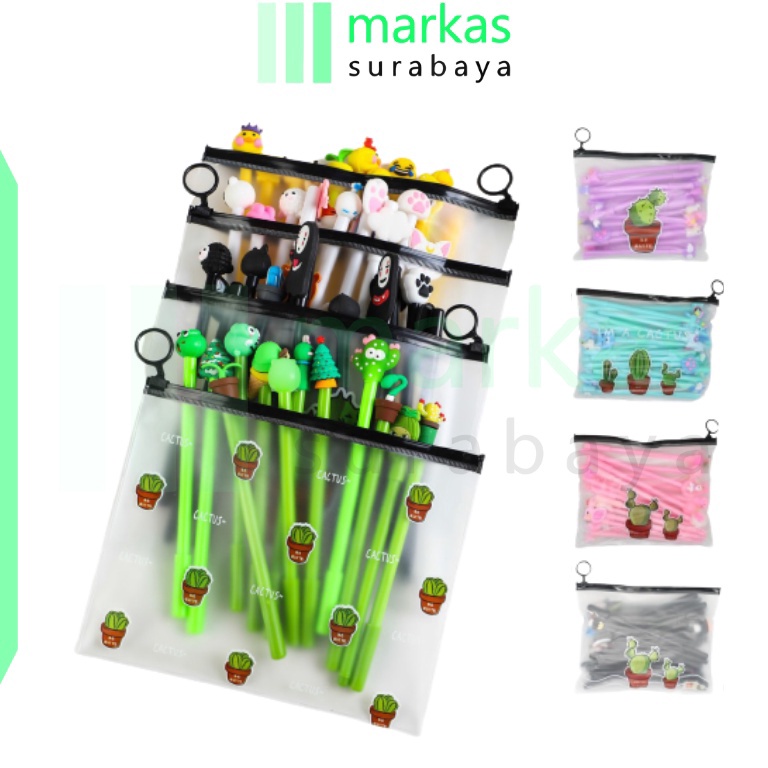 

Sale￣MARKAS HL0078 Pena Karakter Set Pouch Isi 20 Pcs Tempat Pensil Transparan Zipper Bag