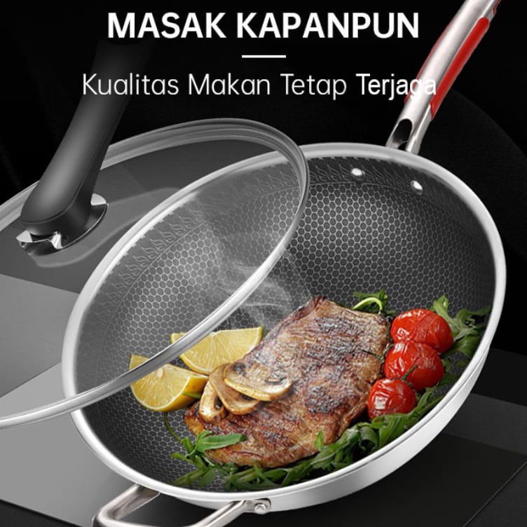-VZc COD TERBARU MURAH JUMBO TEFLON TEBAL Teflon Stainless Steel plus tutup kaca WAJAN Ukr 34cm/28cm