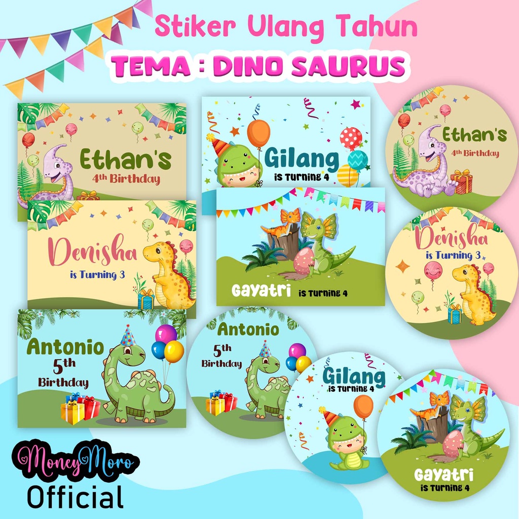 MoneyMoro 8 Pcs Stiker Ulang Tahun Anak Dino Series