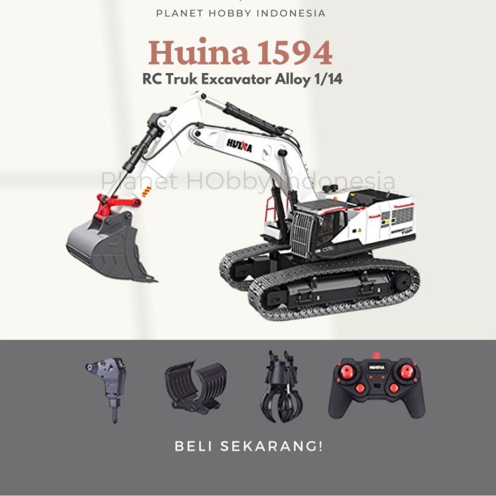 Huina 1594 RC Truk Excavator Alloy 1/14 2.4G Alat Berat Grabber Drill