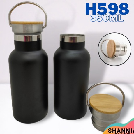 ★★★ PtR H598 [ HITAM ] Termos Tutup Bambu MINI 350 ml / Tumbler Stainless Steel Tahan Panas ( H-598 