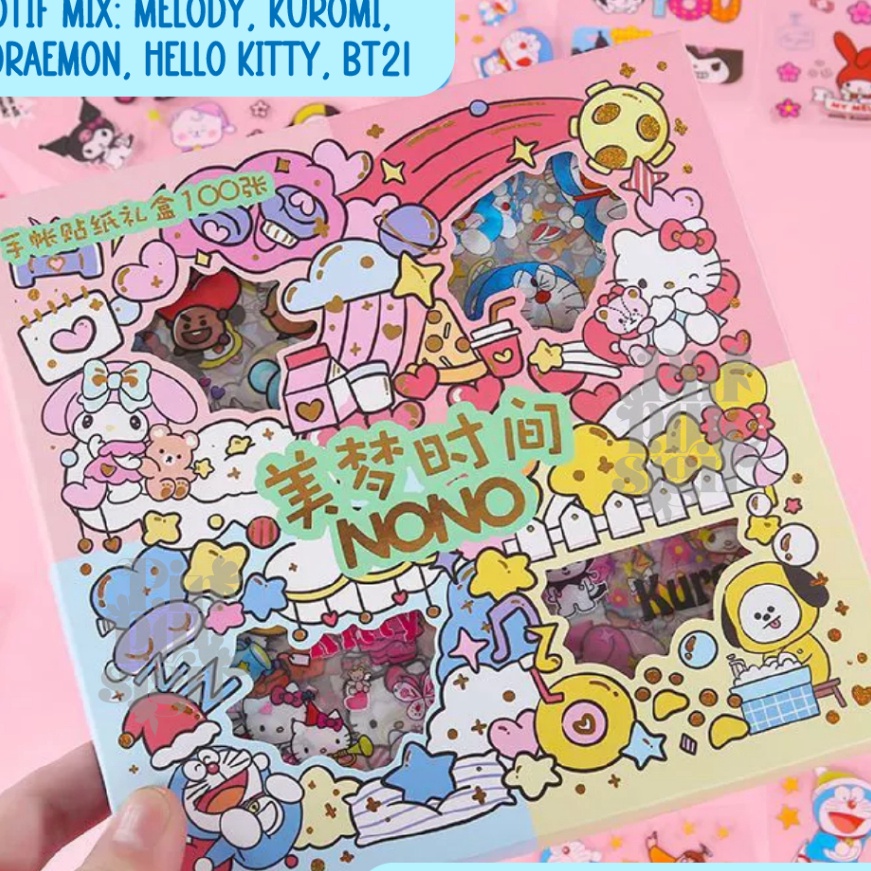 

(XM㊠.4ご> Sticker Nono Mix karakter BTS Doraemon Hello Kitty Kuromi Sanrio Isi 100 pcs Per Box Besar dan Miniberkuaalitas.