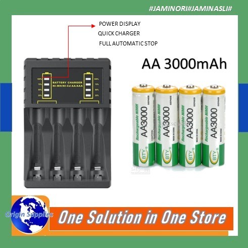 PAKET BATERAI BTY AA 3000 Mah RECHARGEABLE 1,2V + QUICK CHARGER N-4008