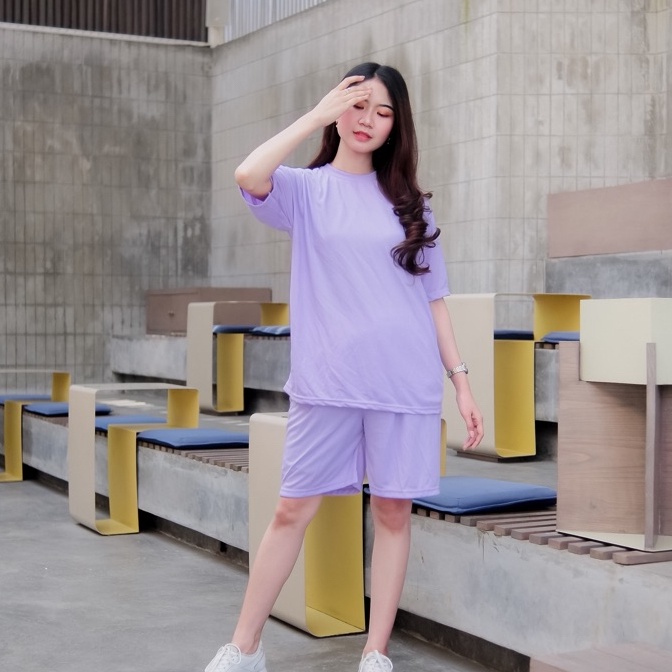 [0L-☆J☼) Setelan Wanita Polos motif ungu/Setelan copel Import Basic Premium Bahan Import kaos Catoon