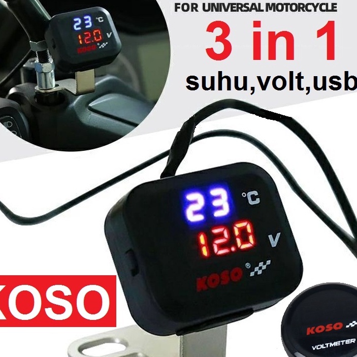(R☞B M) Voltmeter Koso 3 In 1 USB Charger Universal SEMUA MOTOR Anti Air Original Termometer Digital