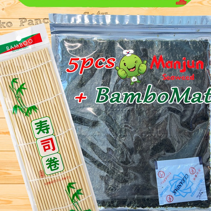 

[Q.O㊚Pご) MANJUN Nori Sushi Halal 5 lembar /Yakinori Import Kimbab/ Gimbab / Lembar Rumput Laut/Bamboo mat berkualiitas.