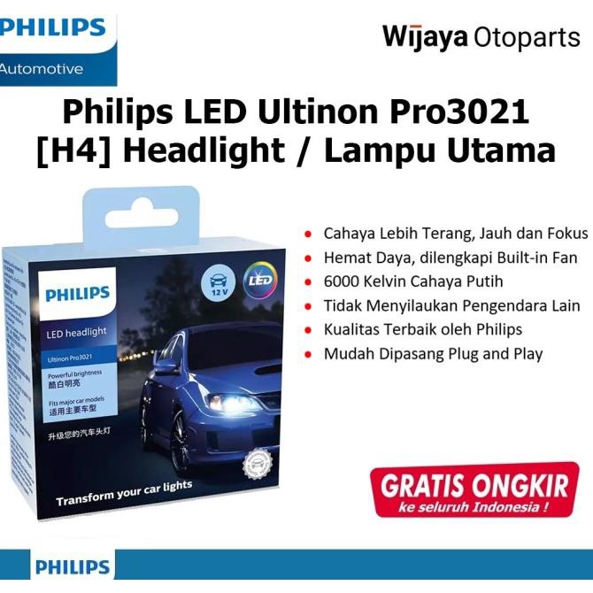 Bohlam Lampu Mobil Philips Ultinon Pro3021 H4 Led Cahaya Putih