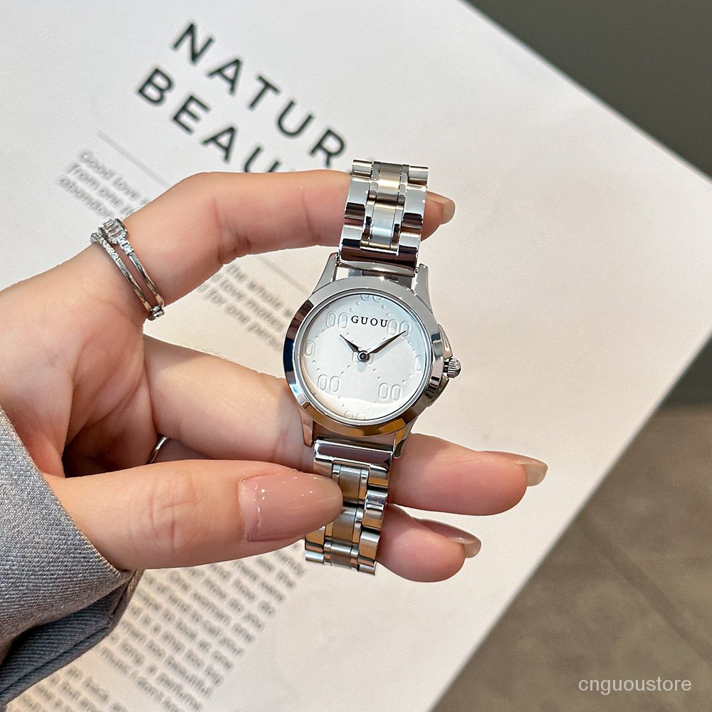 Guou Simple Two-Pin round Non-Scale Quartz Watch Casual Light Luxury Steel Belt Lady Temperament Fas