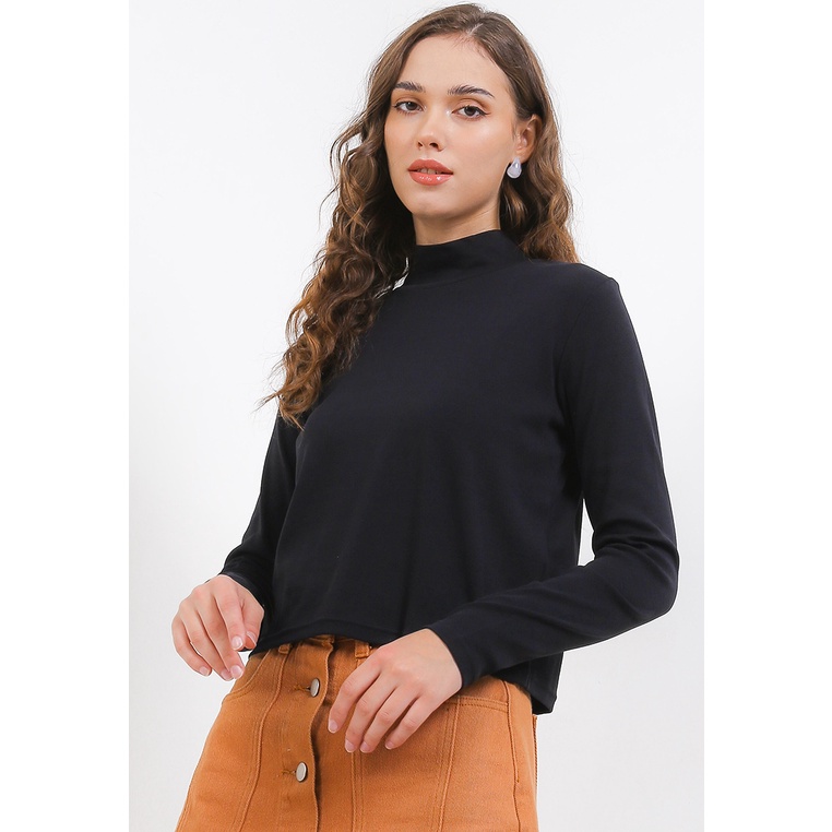 Kaos Hush Puppies Original Wanita Pakaian lengan panjang warna solid dengan desain turtle neck untuk