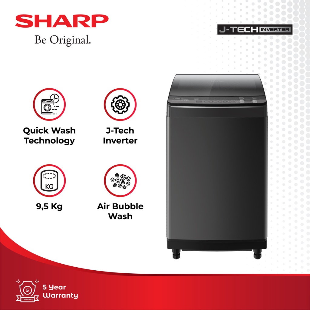 Sharp Mesin Cuci 1 Tabung ES-M9500XT-SA Titan Silver 9.5Kg