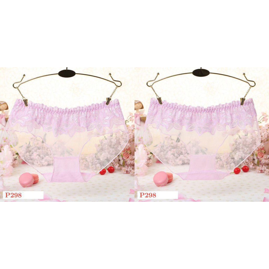 P298 - Celana Dalam Panties Boyshort Pink Transparan, Renda Bunga