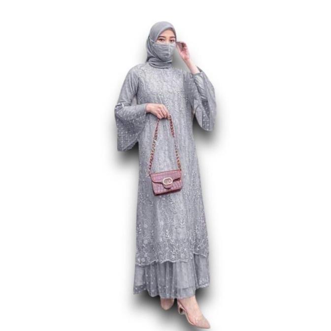MAXI GELA FULL BRUKAT TILE MUTIARA LENGAN TEROMPET/FASHION MUSLIMAH
