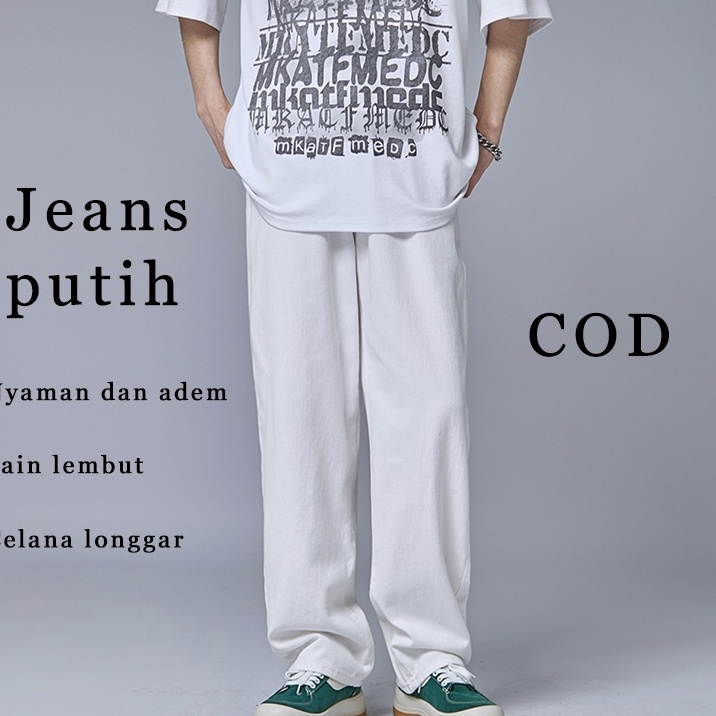 PROMO Celana jeans pria celana panjang putih pria korea jeans putih baggy pants boyfriend jeans over