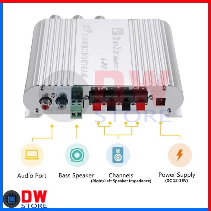A-210 160W Car Power Amplifier Subwoofer 2.1 Mp3 Tone Volume Dx-210