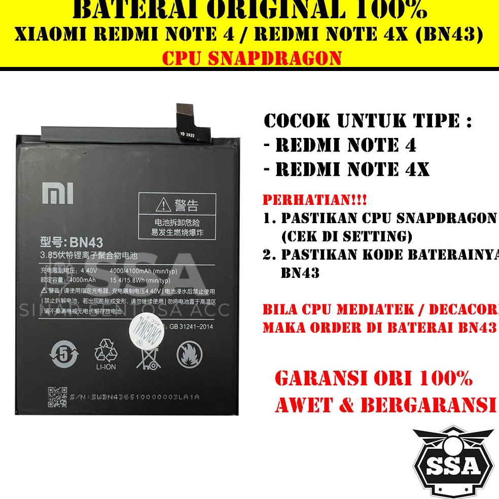 Baterai Original 100% BN43 Xiaomi Redmi Note 4 4x Batre Batrai BN43 Xiao Mi BN 43 Ori HP Garansi AWE