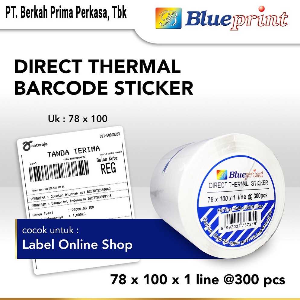 

Direct Thermal Sticker , Stiker Label Online Shop BLUEPRINT 78 x 100 , 78x100 mm isi 300Pcs - 1 Roll ard7s