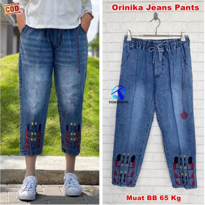 Orinika Jeans Pants Celana Boyfriend Jeans Bordir Muat BB 65 Kg