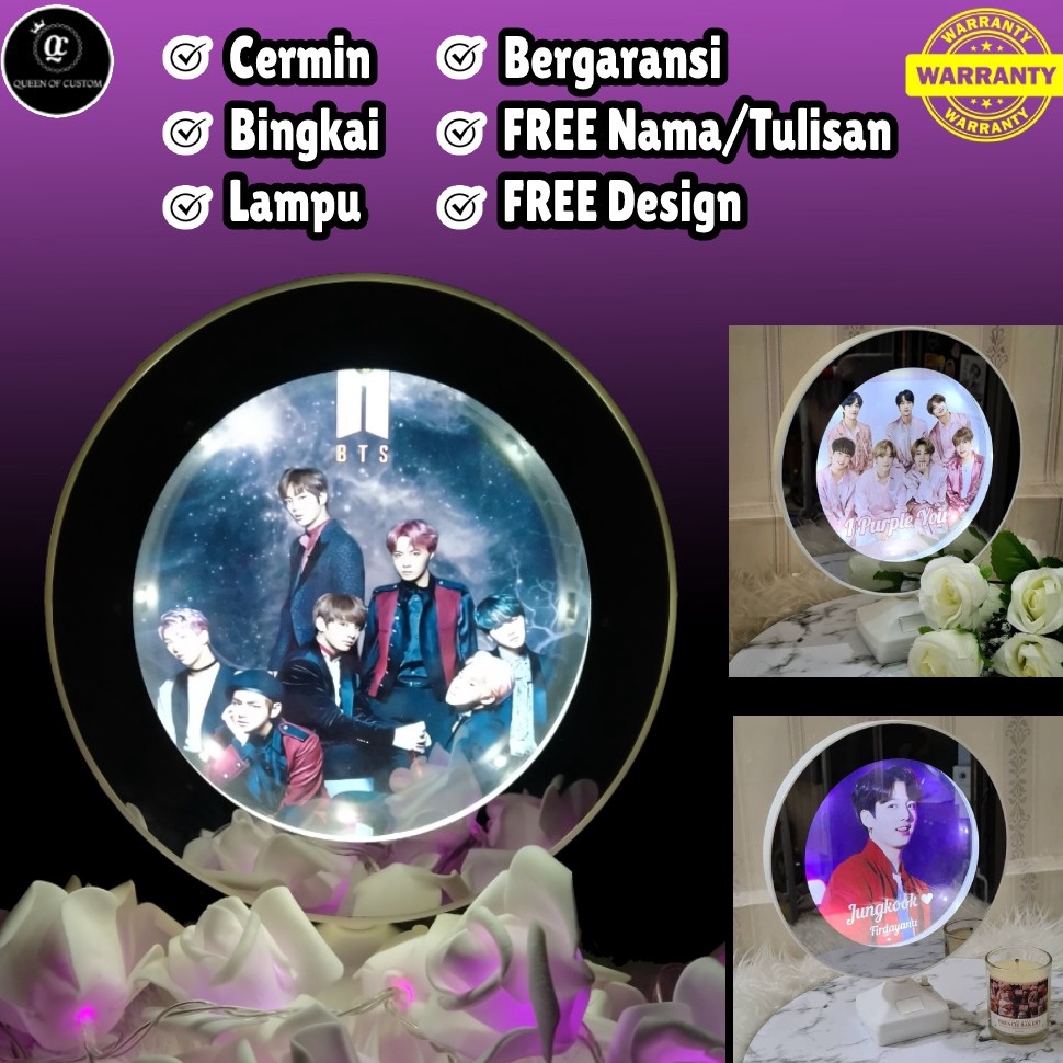 Come8e8Ds Cermin Custom Hadiah / Kado Foto KPOP BTS + Bingkai Foto + Lampu Kamar Tidur Meja Dekorasi