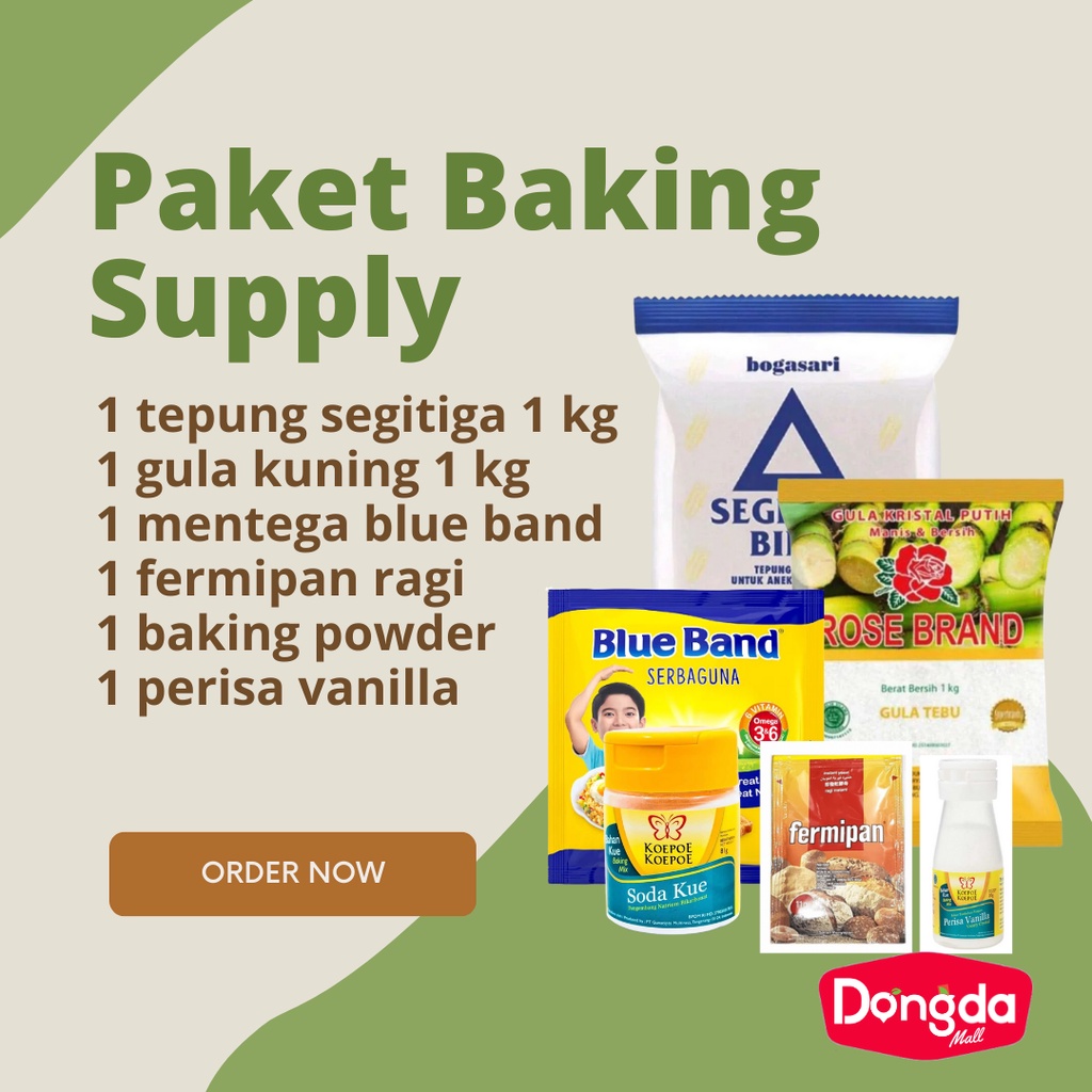 

DONGDA * Paket Baking Supply: 1 tepung segitiga + 1 gula kuning rose brand + 1 mentega blue band