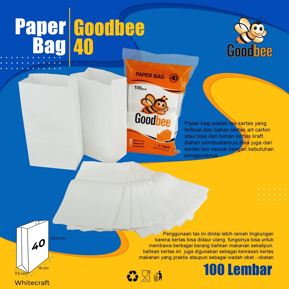 

DD40 Goodbee Paper Bag 40 - White Kraft - Medium - Kantong Kertas Goodbee White - 100pcs 35