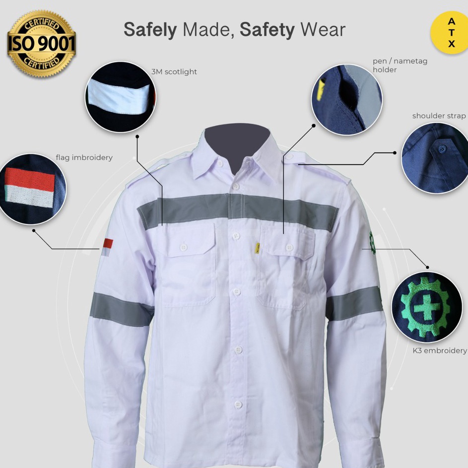 ➼➳✿✯ Wearpack Safety Baju Kerja Lapangan Lengan Panjang Merk ATX Putih