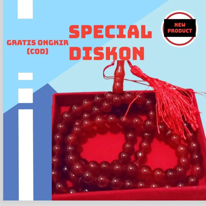 ㆃ Tasbih Batu Red Manau/Tasbih Batu Alam Giok Merah Original 99 Butir Ukuran 10mm+Kotak Eksklusif Wa