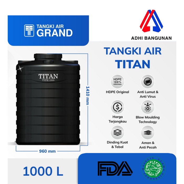 Bestseller Tangki Toren Air Titan 1000 Liter Ekonomis - Garansi 25 Tahun