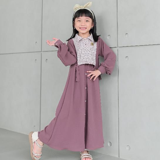 LARIS Dera Kids Kezia Long Dress Bahan Crinkle Airflow Mix Hakko Knit Umur Usia 3 4 5 6 7 8 9 10 11 