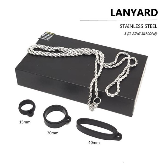 

+%+%+%] Lanyard Rantai Kalung Stainless Steel 3 Ring Karet