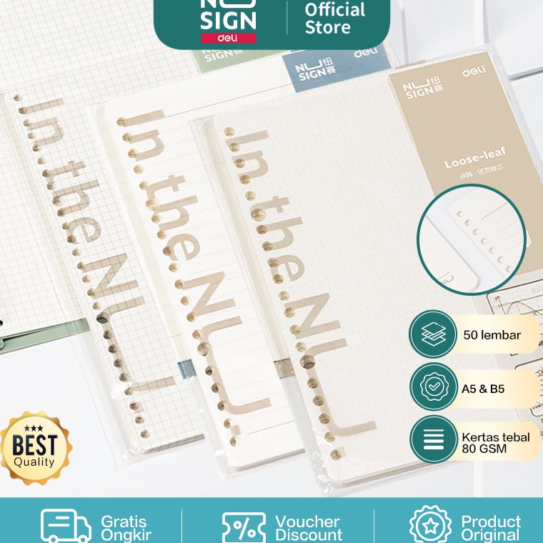 

ZHND7662 Nusign Loose-leaf Notebook Refill / Isi Binder A5 B5 Garis Grid Dot 50 Lembar NS31X