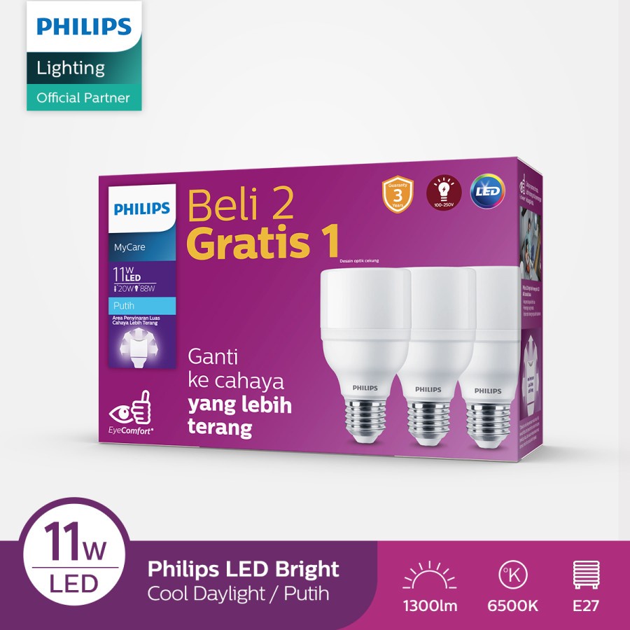 Philips Lampu LED Bright 11W E27 6500K Putih - Paket Isi 3