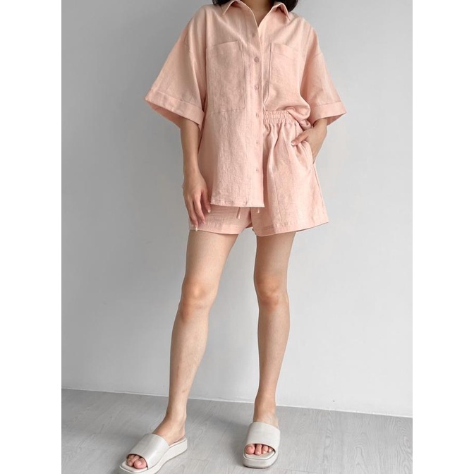 Michi Linen Set | Setelan Kemeja Celana Pendek Karet Bahan Linen