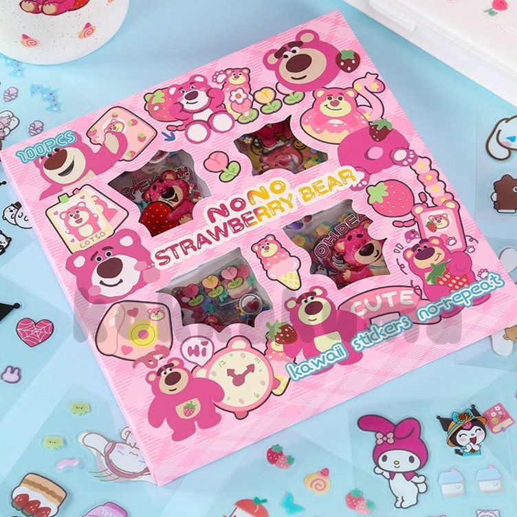 

XCFV0304 ( KKM ) Sticker LOTSO Karakter Beruang Strawberry Aesthetic isi 100 Lembar 1 Box Waterproof Stickers