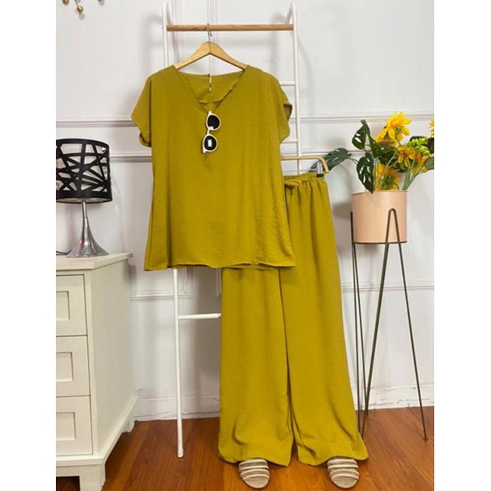 Satu Set Polos Wanita Baju One Set Wanita Jumbo Lengan Pendek Rayon Crinkle Premium Setelan Wanita K